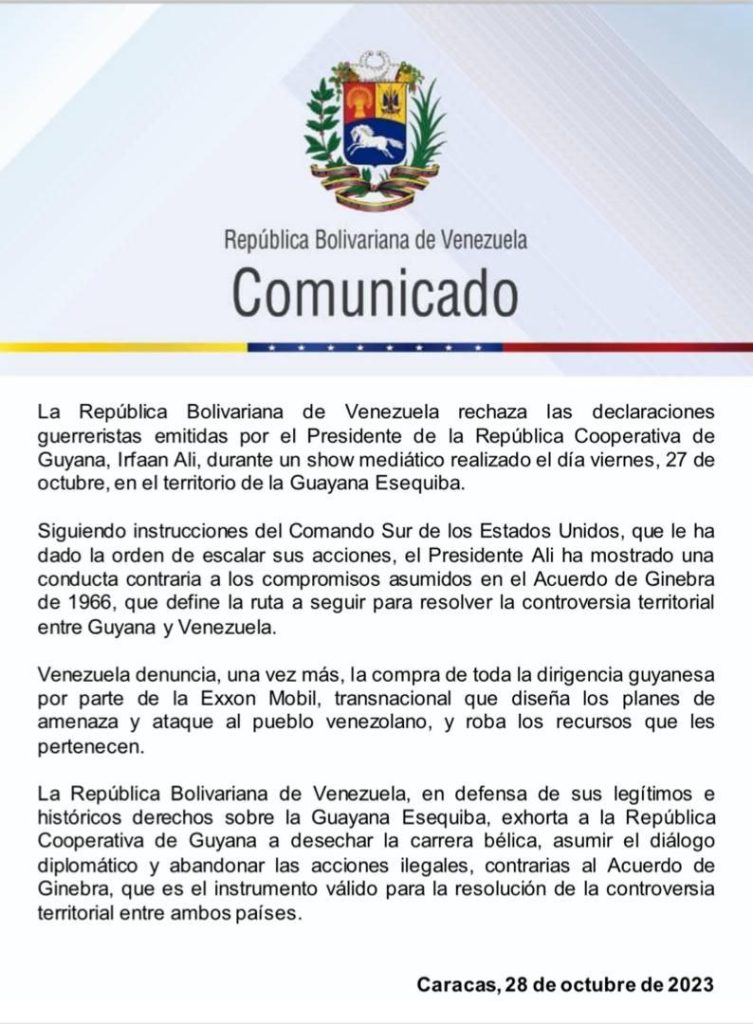 Venezuela pide al presidente de Guyana desechar "carrera bélica" en disputa con el Esequibo