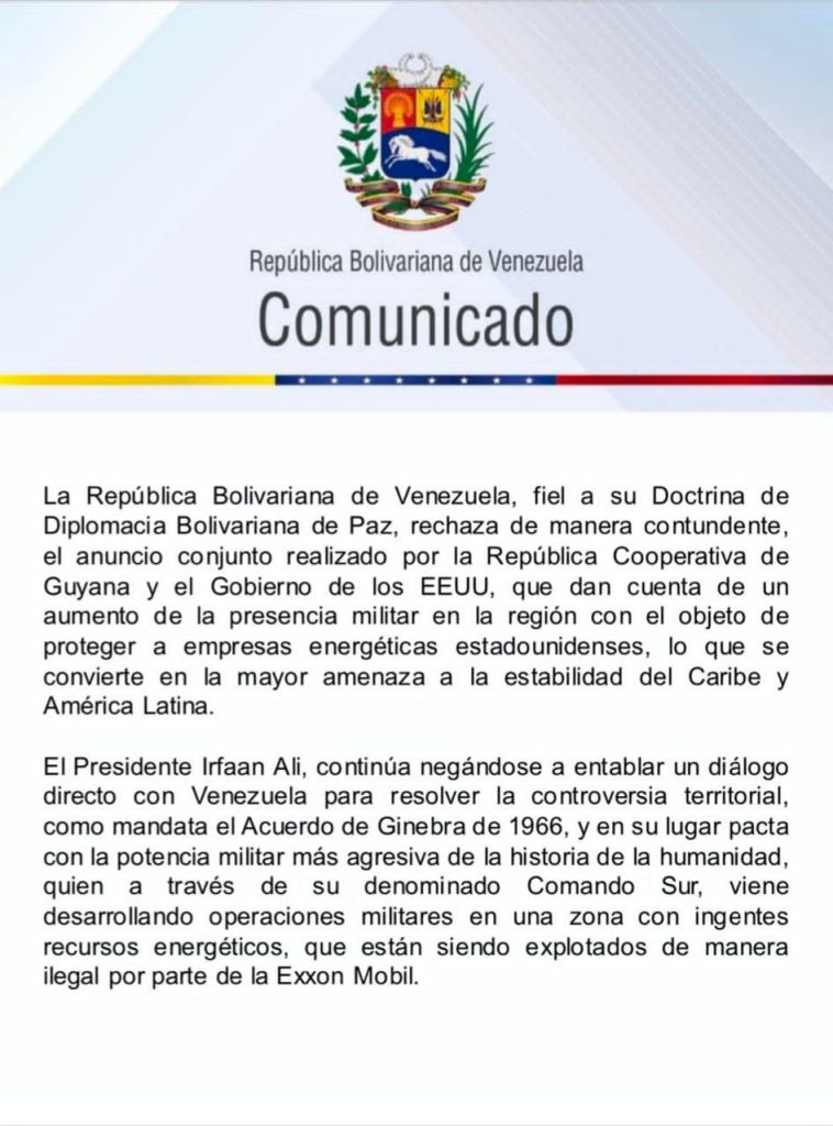 Venezuela rechaza la presencia militar de Guyana y E.E.U.U en la región