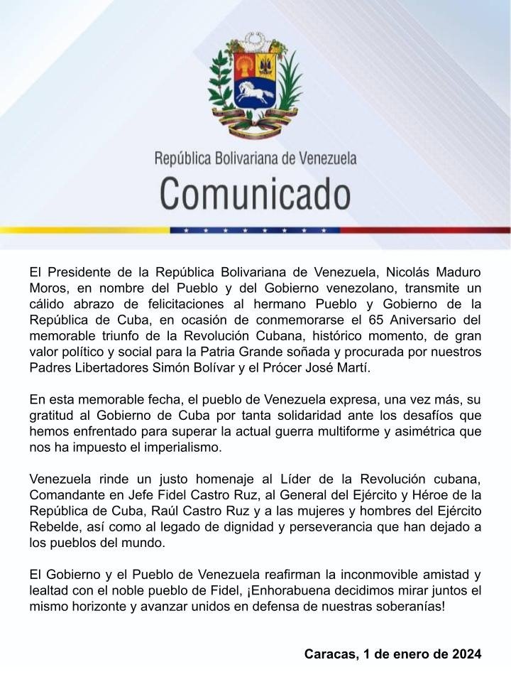 Venezuela felicita a la Revolución Cubana por sus 65º aniversario