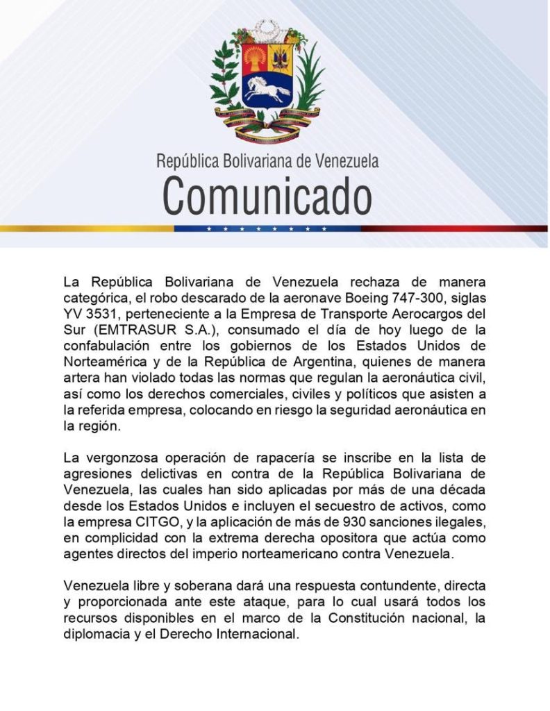 Venezuela denunciará el de avión de Emtrasur