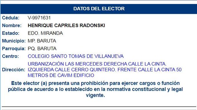 Henrique Capriles también ha recibido de forma oficial su inhabilitación por parte del CNE